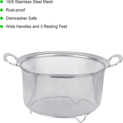 2 Pack Strainers for Kitchen, 18/8 Stainless Steel Colander with Handles, Fine Mesh Strainer for Pasta, Rice and Fruit, Sieve with Resting Feet to Strain, Rinse, Steam or Cook Vegetables