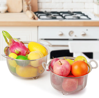 2 Pack Strainers for Kitchen, 18/8 Stainless Steel Colander with Handles, Fine Mesh Strainer for Pasta, Rice and Fruit, Sieve with Resting Feet to Strain, Rinse, Steam or Cook Vegetables