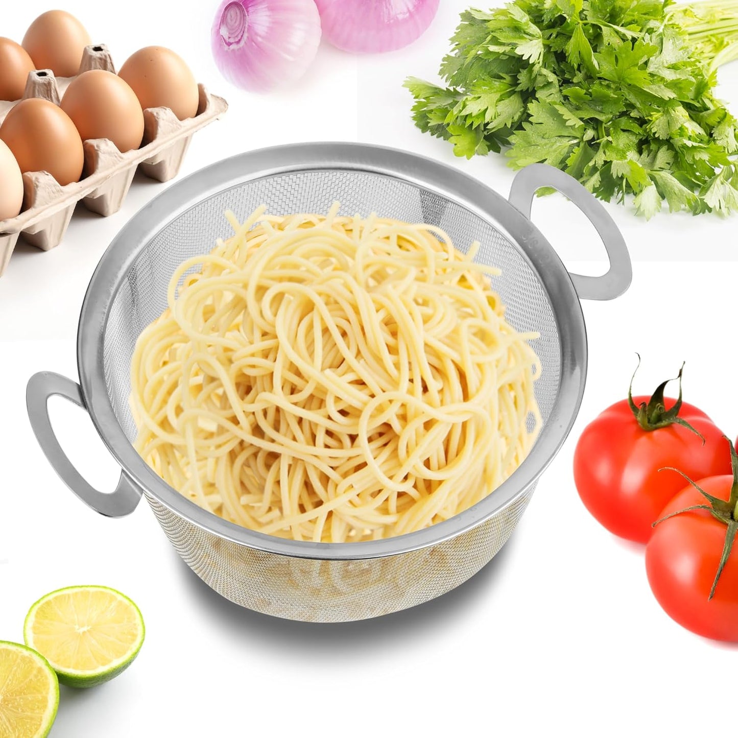 2 Pack Strainers for Kitchen, 18/8 Stainless Steel Colander with Handles, Fine Mesh Strainer for Pasta, Rice and Fruit, Sieve with Resting Feet to Strain, Rinse, Steam or Cook Vegetables