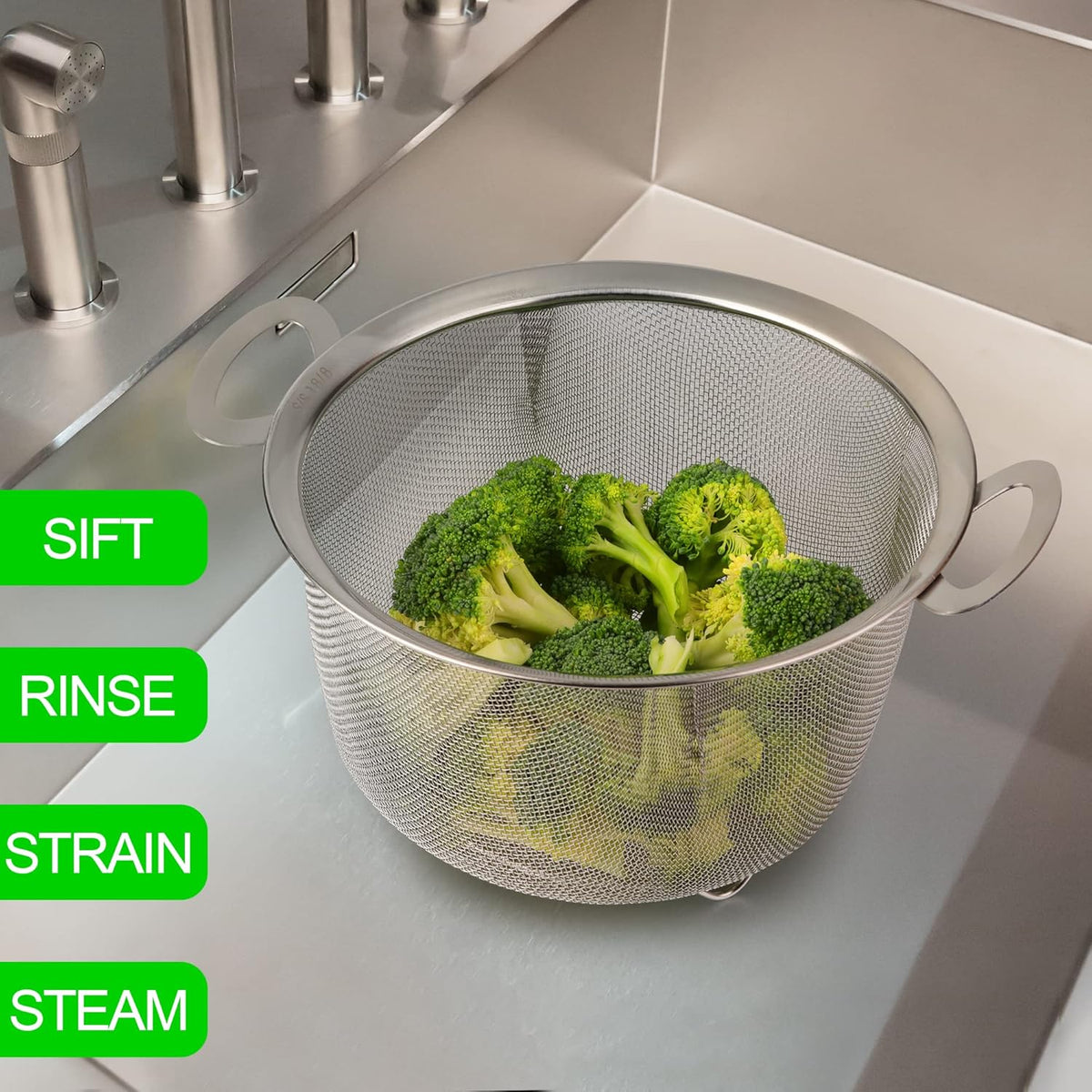 2 Pack Strainers for Kitchen, 18/8 Stainless Steel Colander with Handles, Fine Mesh Strainer for Pasta, Rice and Fruit, Sieve with Resting Feet to Strain, Rinse, Steam or Cook Vegetables