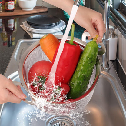 2 Pack Strainers for Kitchen, 18/8 Stainless Steel Colander with Handles, Fine Mesh Strainer for Pasta, Rice and Fruit, Sieve with Resting Feet to Strain, Rinse, Steam or Cook Vegetables