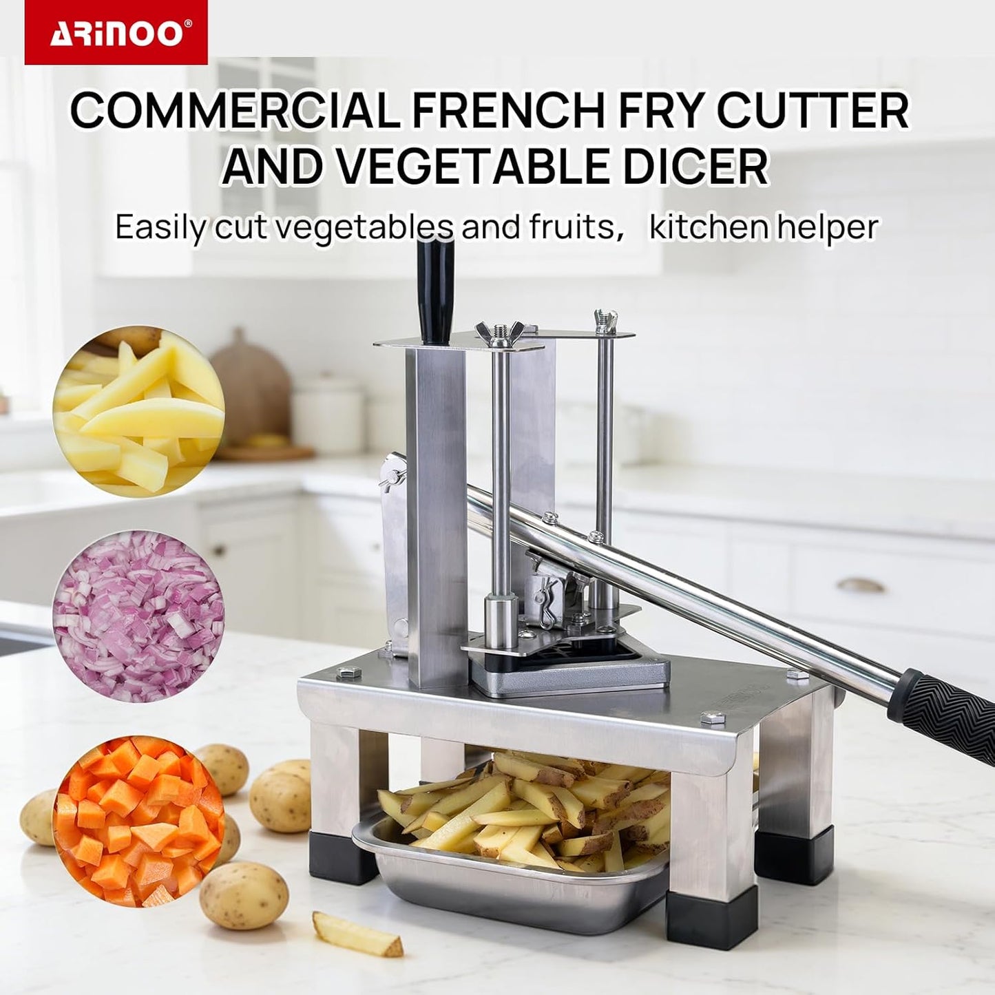 French Fry Cutter for Potato, Professional Potato Cutter Slicer | with 3/8", 1/2", 1/4" Stainless Steel Blades Stainless Steel Vegetable Chopper for Potato,Carrot,Cucumber,Onion,Home Use