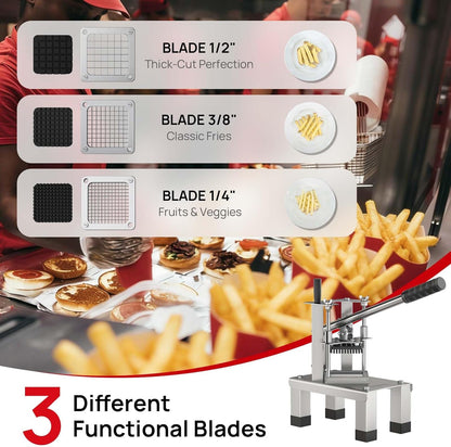French Fry Cutter for Potato, Professional Potato Cutter Slicer | with 3/8", 1/2", 1/4" Stainless Steel Blades Stainless Steel Vegetable Chopper for Potato,Carrot,Cucumber,Onion,Home Use
