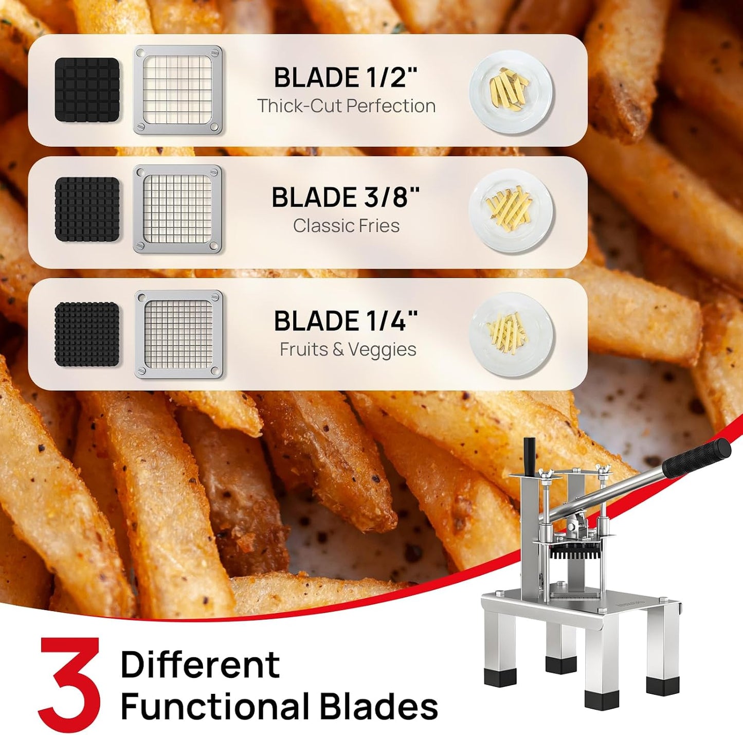 French Fry Cutter for Potato, Professional Potato Cutter Slicer | with 3/8", 1/2", 1/4" Stainless Steel Blades Stainless Steel Vegetable Chopper for Potato,Carrot,Cucumber,Onion,Home Use
