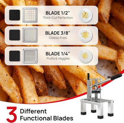 French Fry Cutter for Potato, Professional Potato Cutter Slicer | with 3/8", 1/2", 1/4" Stainless Steel Blades Stainless Steel Vegetable Chopper for Potato,Carrot,Cucumber,Onion,Home Use