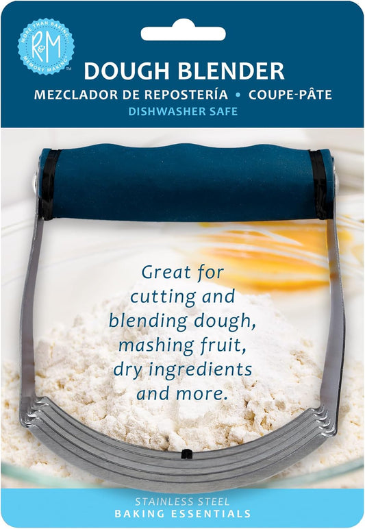 R&M Dough Blender for Cutting and Blending Dough, Mashing Fruit, Mixing Dry Ingredients and More. Stainless Steel with Non-slip Blue Handle.