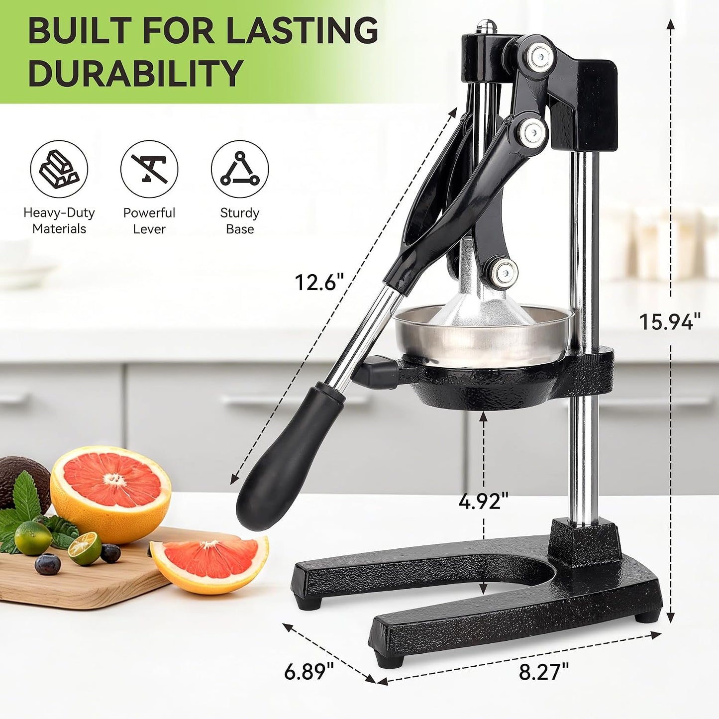 Cast Iron Manual Orange Juicer, Heavy Duty Hand Press Citrus Squeezer | Food-Grade Stainless Steel Removable Parts, Easy to Clean, Labor-Saving Lever, Extra Large Black for Orange Lemon Grapefruit