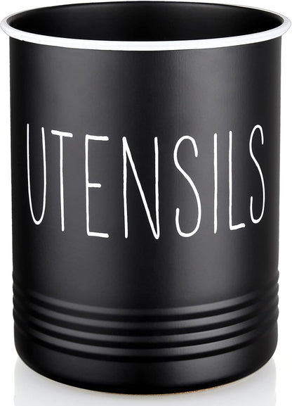 Kitchen Utensil Holder, 6.7" Utensil Holder for Kitchen Counter, Cooking Utensil Crock with Cork Bottom, Modern Farmhouse Decor, Countertop Utensil Storage Organizer Caddy, Black