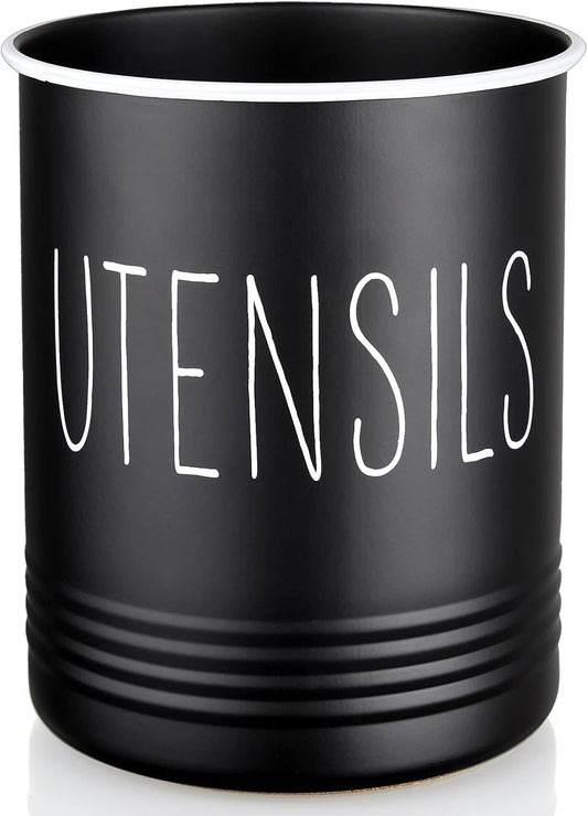 Kitchen Utensil Holder, 6.7" Utensil Holder for Kitchen Counter, Cooking Utensil Crock with Cork Bottom, Modern Farmhouse Decor, Countertop Utensil Storage Organizer Caddy, Black