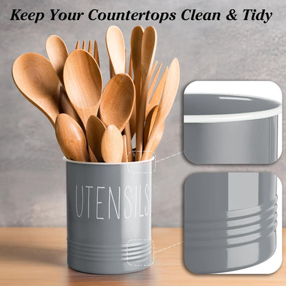 Kitchen Utensil Holder, 6.7" Utensil Holder for Kitchen Counter, Cooking Utensil Crock with Cork Bottom, Modern Farmhouse Decor, Countertop Utensil Storage Organizer Caddy, Black