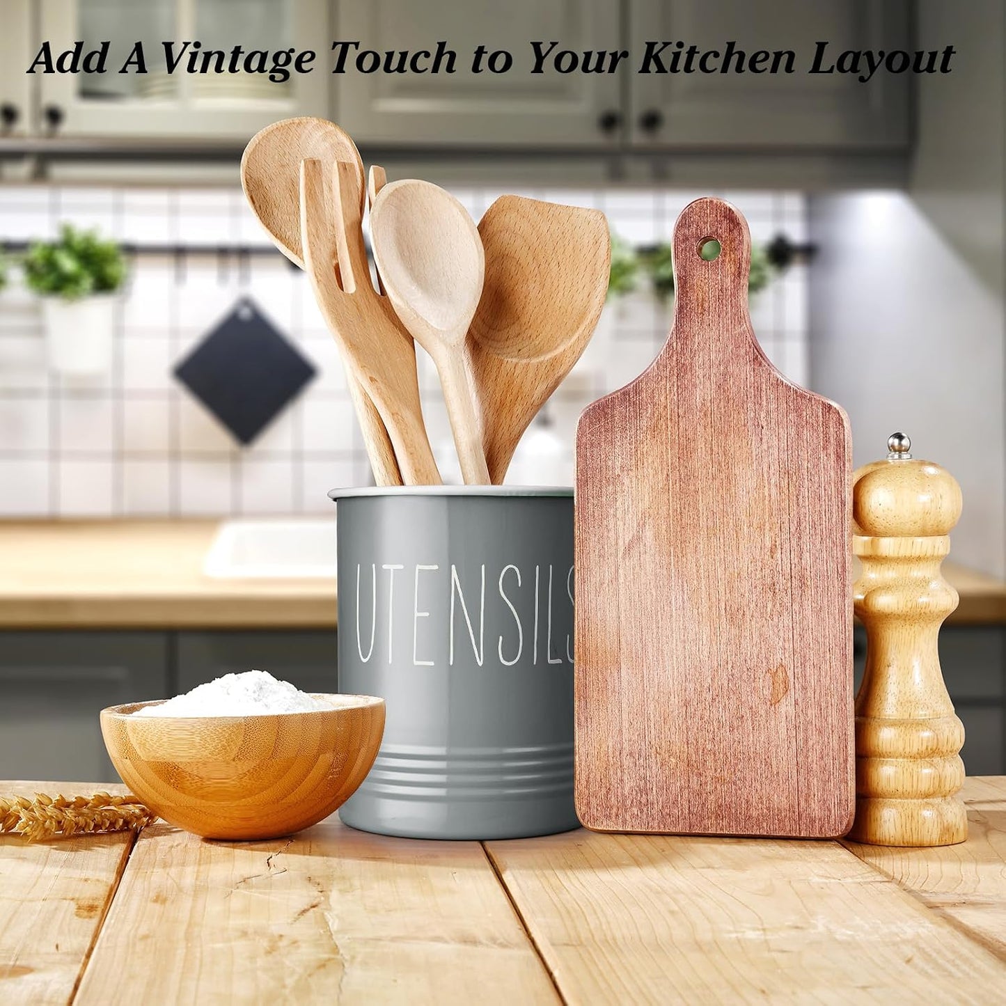 Kitchen Utensil Holder, 6.7" Utensil Holder for Kitchen Counter, Cooking Utensil Crock with Cork Bottom, Modern Farmhouse Decor, Countertop Utensil Storage Organizer Caddy, Black