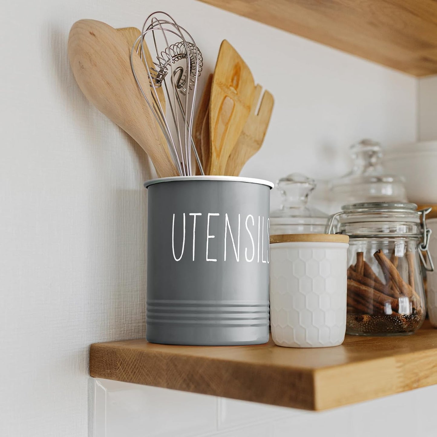 Kitchen Utensil Holder, 6.7" Utensil Holder for Kitchen Counter, Cooking Utensil Crock with Cork Bottom, Modern Farmhouse Decor, Countertop Utensil Storage Organizer Caddy, Black