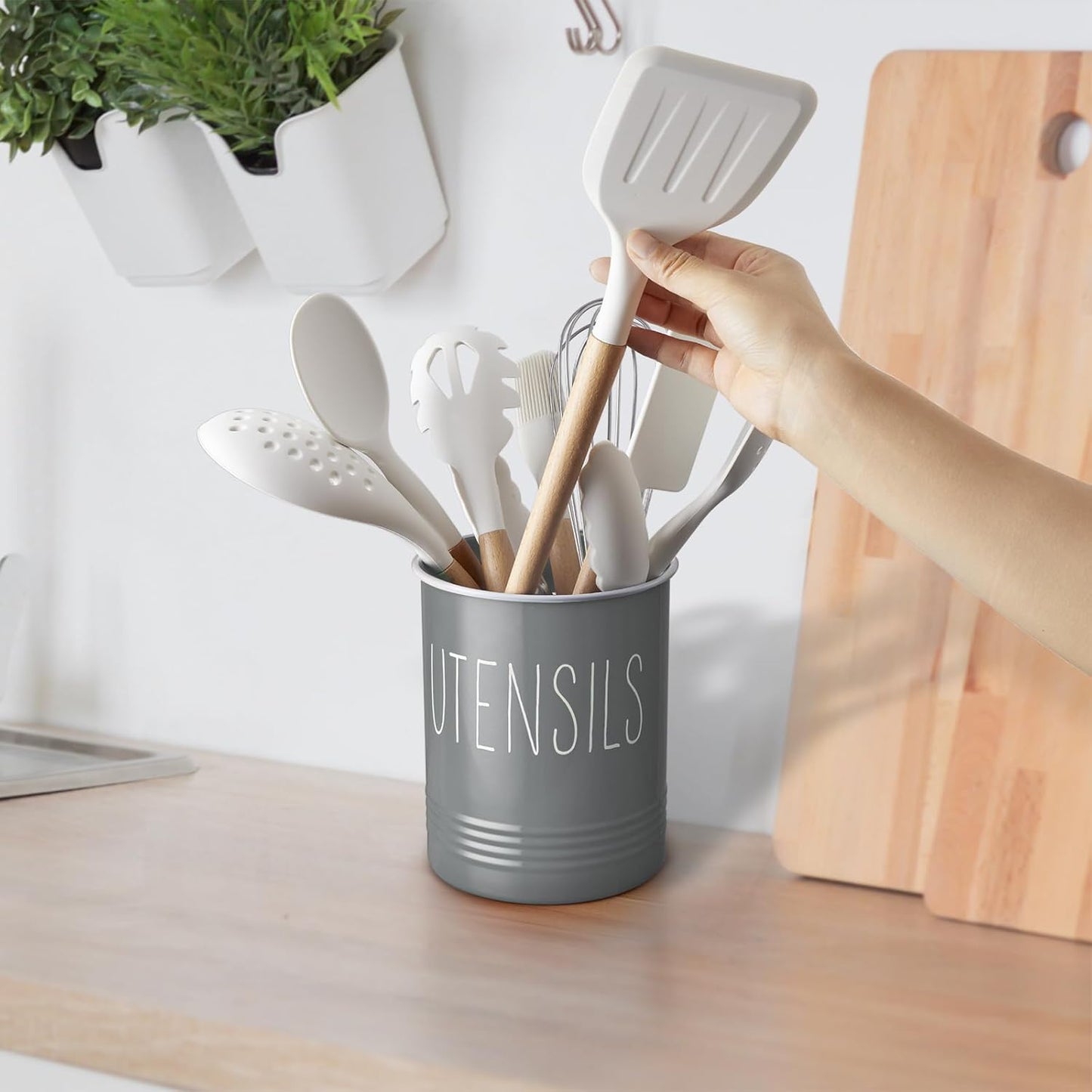 Kitchen Utensil Holder, 6.7" Utensil Holder for Kitchen Counter, Cooking Utensil Crock with Cork Bottom, Modern Farmhouse Decor, Countertop Utensil Storage Organizer Caddy, Black