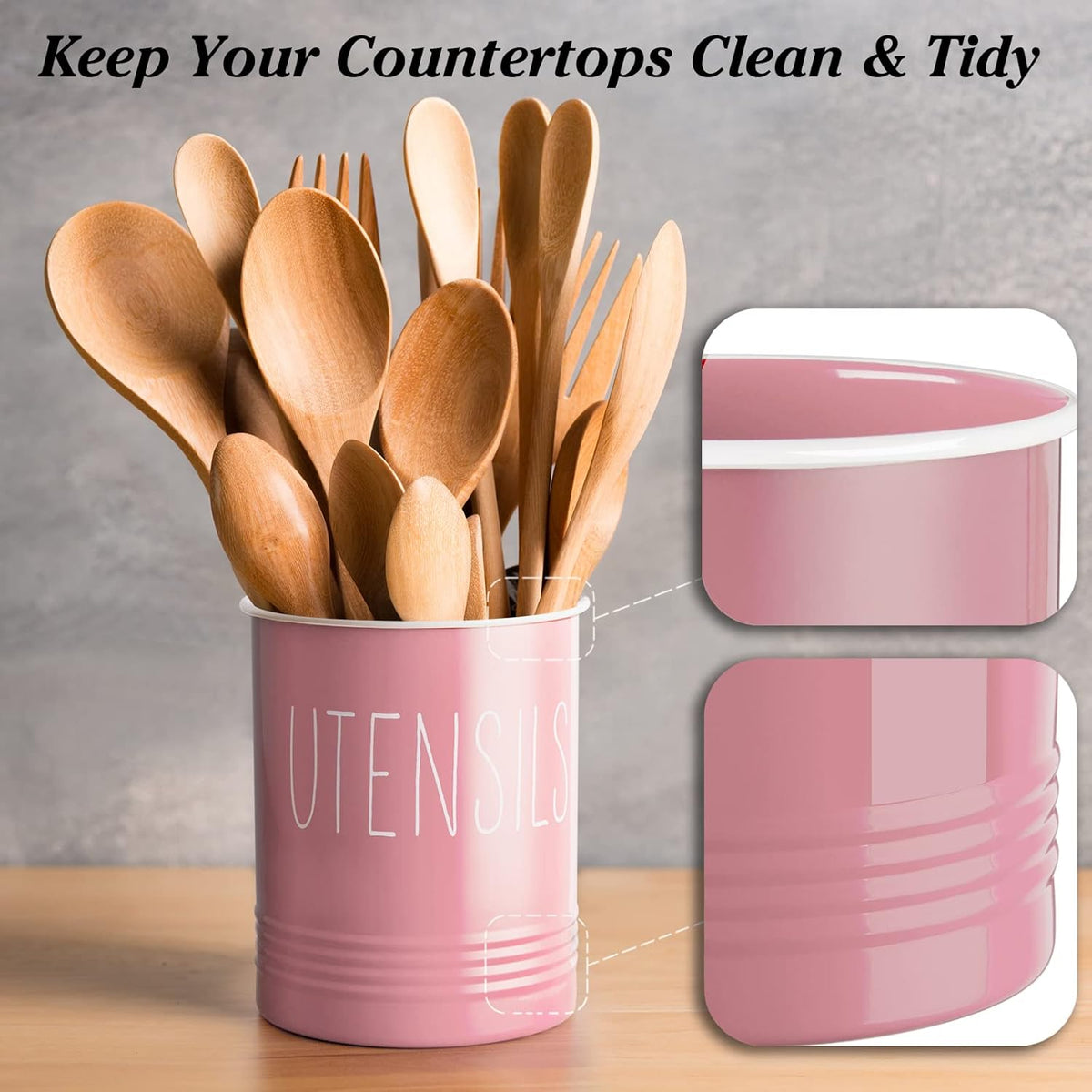 Kitchen Utensil Holder, 6.7" Utensil Holder for Kitchen Counter, Cooking Utensil Crock with Cork Bottom, Modern Farmhouse Decor, Countertop Utensil Storage Organizer Caddy, Black