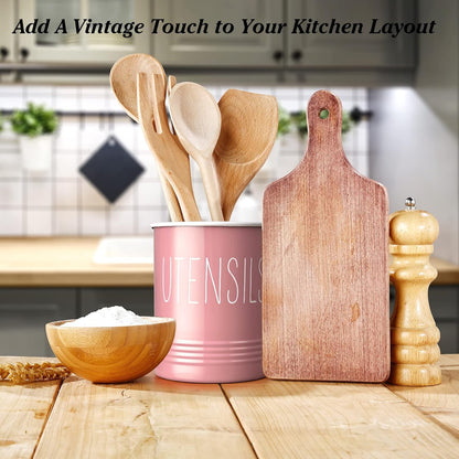 Kitchen Utensil Holder, 6.7" Utensil Holder for Kitchen Counter, Cooking Utensil Crock with Cork Bottom, Modern Farmhouse Decor, Countertop Utensil Storage Organizer Caddy, Black