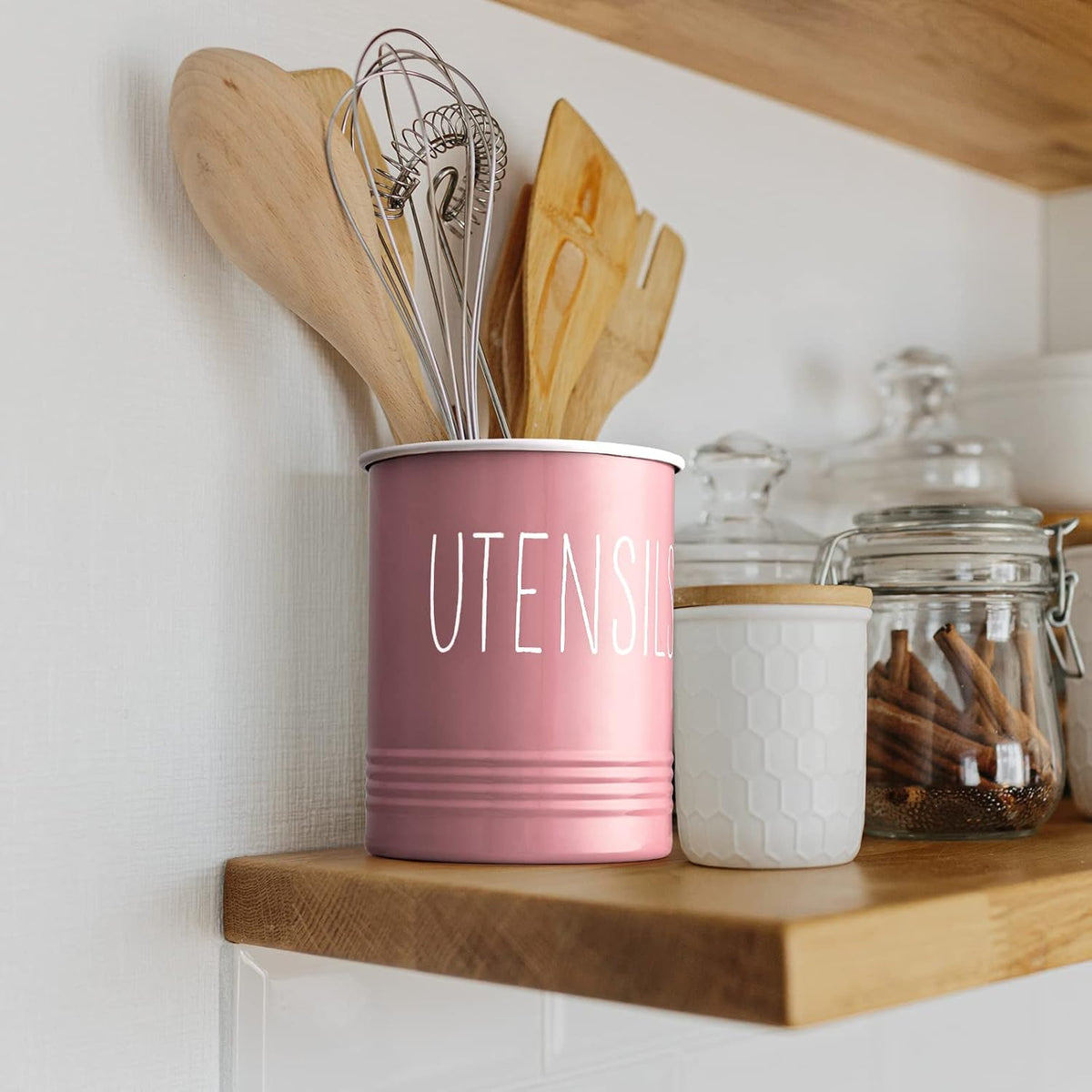 Kitchen Utensil Holder, 6.7" Utensil Holder for Kitchen Counter, Cooking Utensil Crock with Cork Bottom, Modern Farmhouse Decor, Countertop Utensil Storage Organizer Caddy, Black