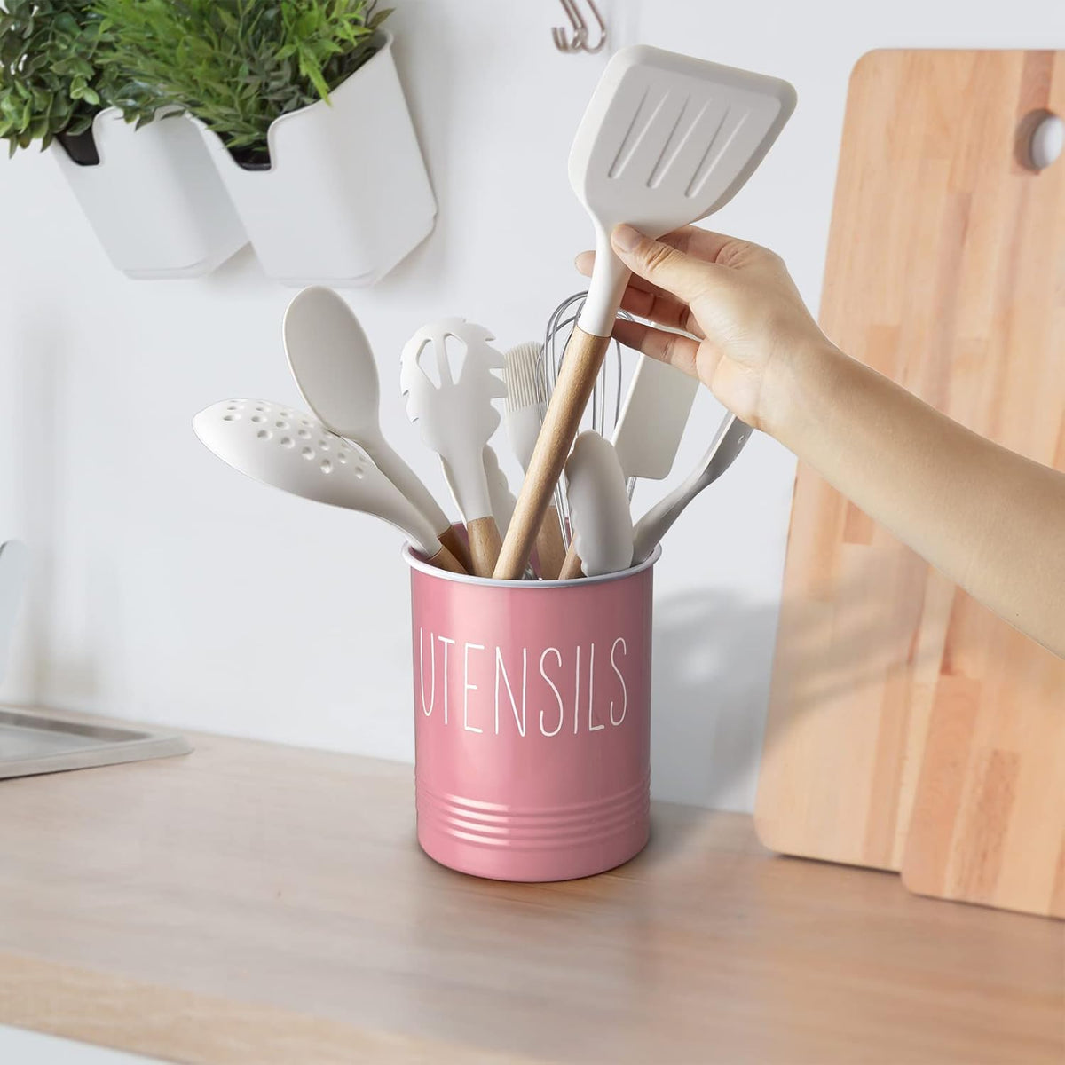 Kitchen Utensil Holder, 6.7" Utensil Holder for Kitchen Counter, Cooking Utensil Crock with Cork Bottom, Modern Farmhouse Decor, Countertop Utensil Storage Organizer Caddy, Black