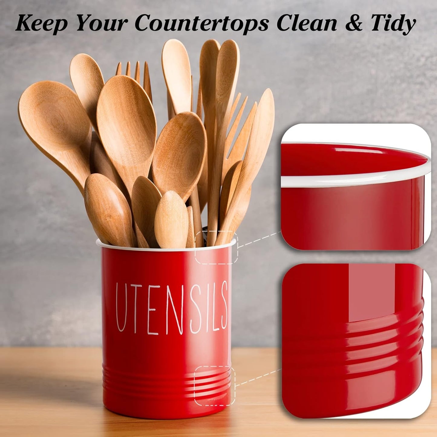 Kitchen Utensil Holder, 6.7" Utensil Holder for Kitchen Counter, Cooking Utensil Crock with Cork Bottom, Modern Farmhouse Decor, Countertop Utensil Storage Organizer Caddy, Black