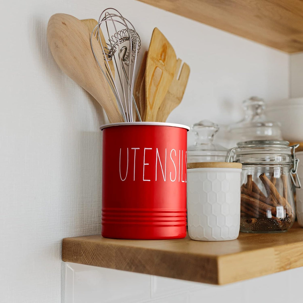 Kitchen Utensil Holder, 6.7" Utensil Holder for Kitchen Counter, Cooking Utensil Crock with Cork Bottom, Modern Farmhouse Decor, Countertop Utensil Storage Organizer Caddy, Black