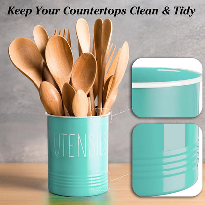 Kitchen Utensil Holder, 6.7" Utensil Holder for Kitchen Counter, Cooking Utensil Crock with Cork Bottom, Modern Farmhouse Decor, Countertop Utensil Storage Organizer Caddy, Black