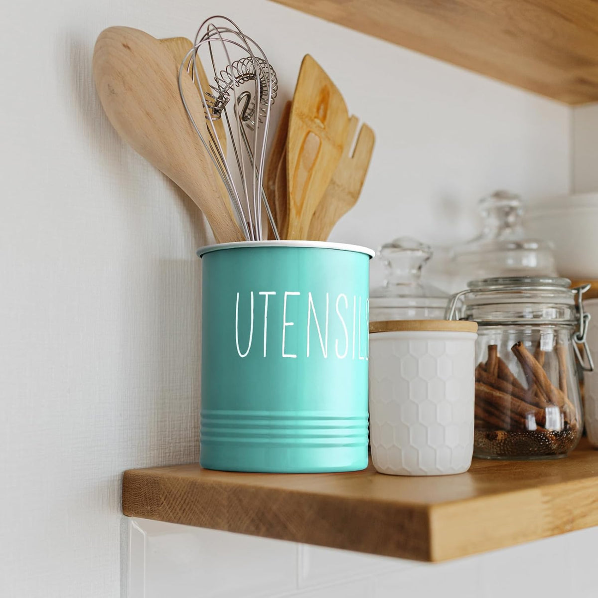 Kitchen Utensil Holder, 6.7" Utensil Holder for Kitchen Counter, Cooking Utensil Crock with Cork Bottom, Modern Farmhouse Decor, Countertop Utensil Storage Organizer Caddy, Black