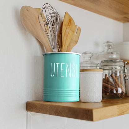 Kitchen Utensil Holder, 6.7" Utensil Holder for Kitchen Counter, Cooking Utensil Crock with Cork Bottom, Modern Farmhouse Decor, Countertop Utensil Storage Organizer Caddy, Black