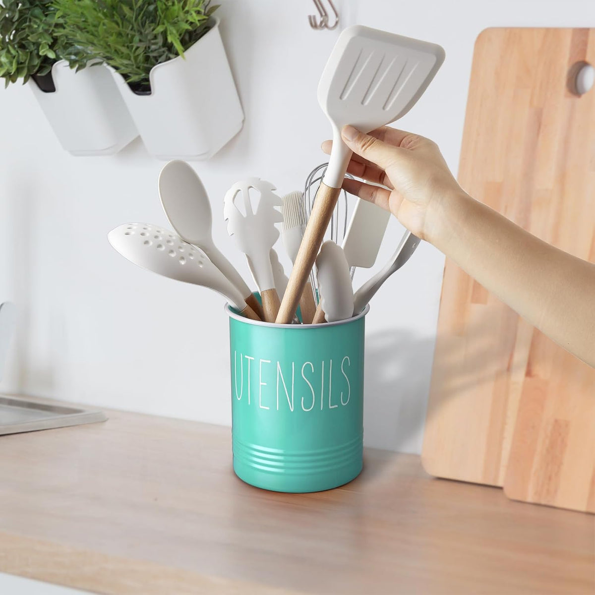 Kitchen Utensil Holder, 6.7" Utensil Holder for Kitchen Counter, Cooking Utensil Crock with Cork Bottom, Modern Farmhouse Decor, Countertop Utensil Storage Organizer Caddy, Black
