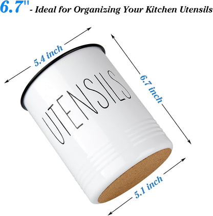 Kitchen Utensil Holder, 6.7" Utensil Holder for Kitchen Counter, Cooking Utensil Crock with Cork Bottom, Modern Farmhouse Decor, Countertop Utensil Storage Organizer Caddy, Black