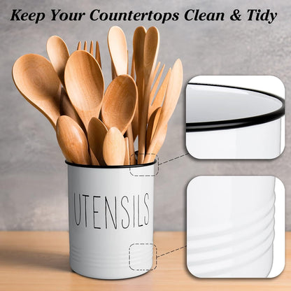 Kitchen Utensil Holder, 6.7" Utensil Holder for Kitchen Counter, Cooking Utensil Crock with Cork Bottom, Modern Farmhouse Decor, Countertop Utensil Storage Organizer Caddy, Black