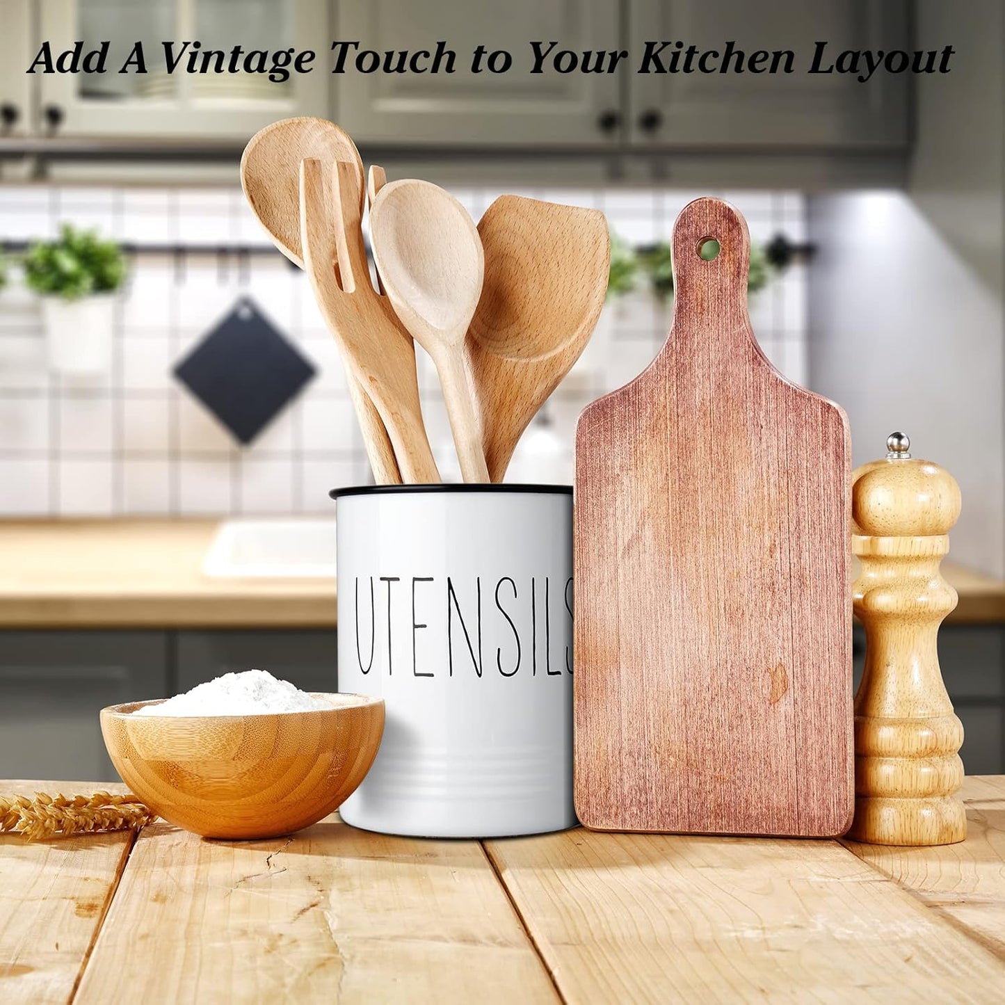 Kitchen Utensil Holder, 6.7" Utensil Holder for Kitchen Counter, Cooking Utensil Crock with Cork Bottom, Modern Farmhouse Decor, Countertop Utensil Storage Organizer Caddy, Black