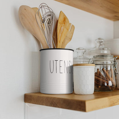 Kitchen Utensil Holder, 6.7" Utensil Holder for Kitchen Counter, Cooking Utensil Crock with Cork Bottom, Modern Farmhouse Decor, Countertop Utensil Storage Organizer Caddy, Black