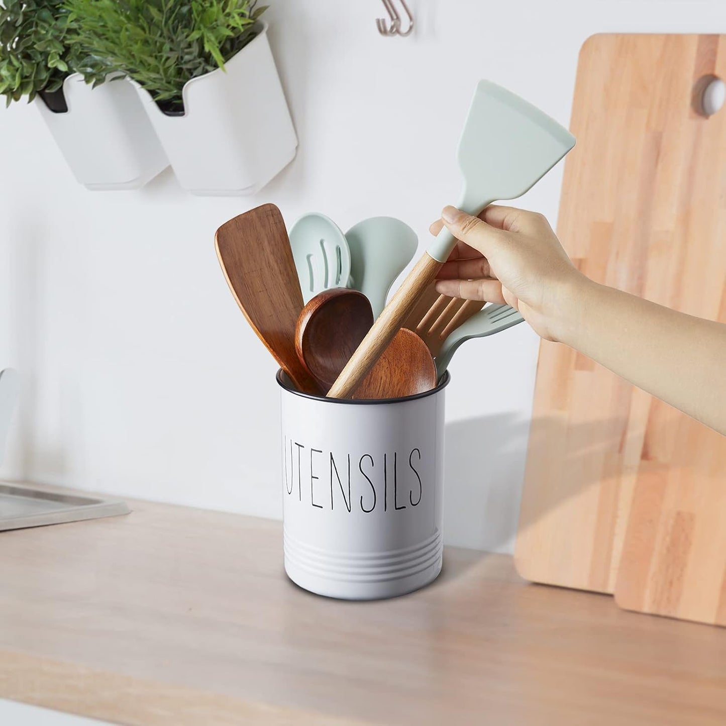 Kitchen Utensil Holder, 6.7" Utensil Holder for Kitchen Counter, Cooking Utensil Crock with Cork Bottom, Modern Farmhouse Decor, Countertop Utensil Storage Organizer Caddy, Black