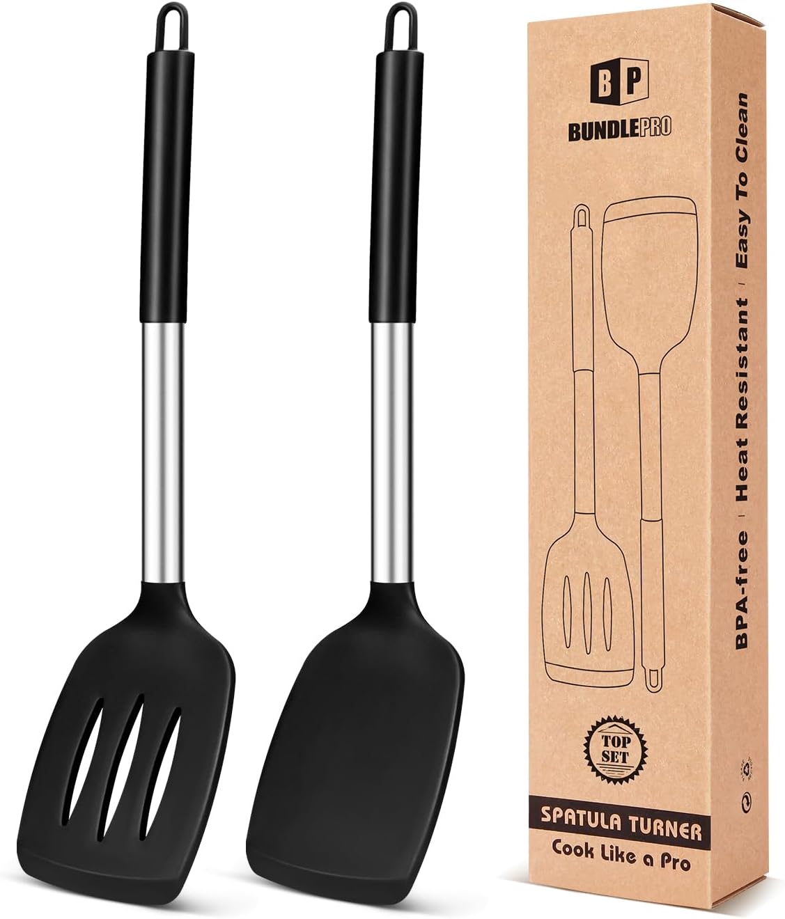 Pack of 2 Silicone Solid Turner, Non Stick Slotted Kitchen Spatulas, High Heat Resistant BPA Free Cooking Utensils, Ideal Cookware for Fish, Eggs, Pancakes(Stainless Steel Khaki)