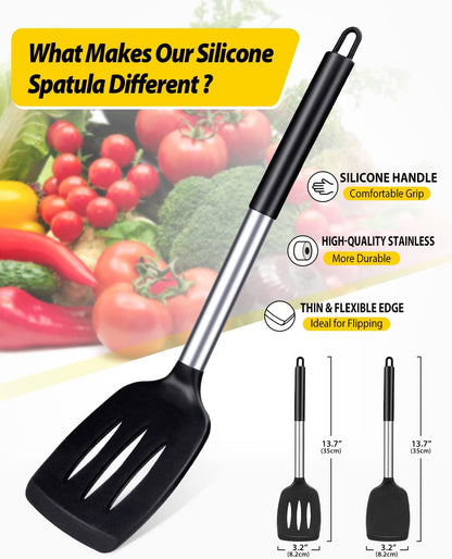 Pack of 2 Silicone Solid Turner, Non Stick Slotted Kitchen Spatulas, High Heat Resistant BPA Free Cooking Utensils, Ideal Cookware for Fish, Eggs, Pancakes(Stainless Steel Khaki)