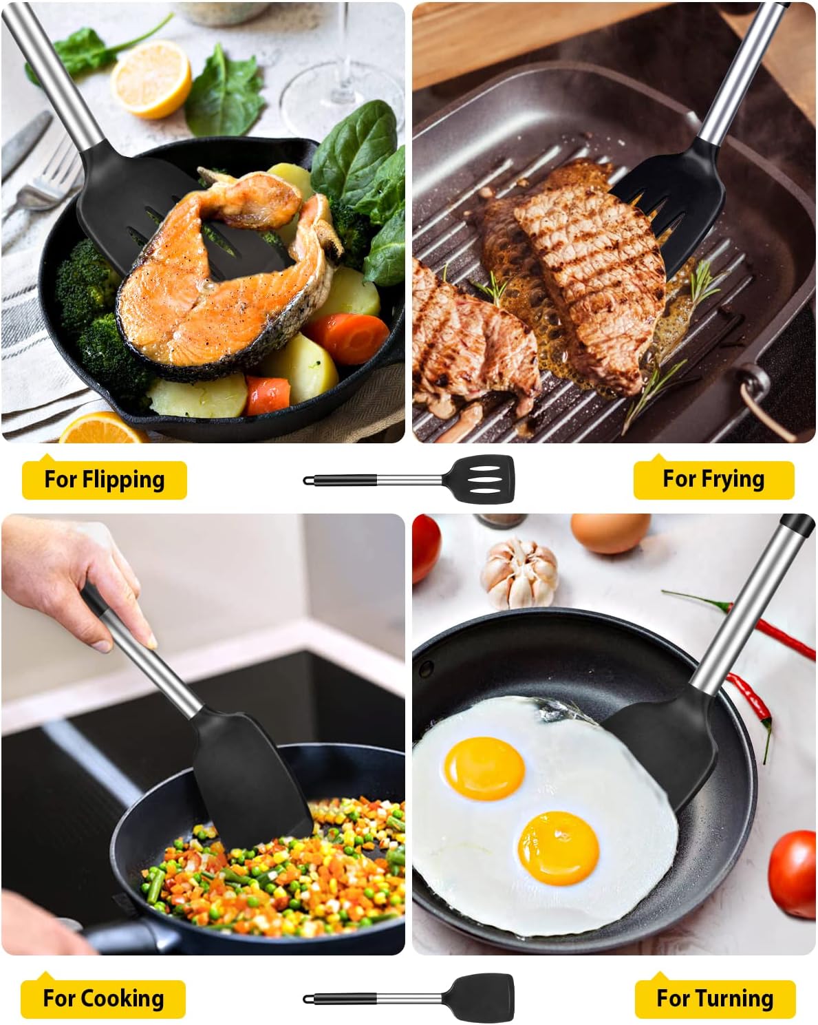 Pack of 2 Silicone Solid Turner, Non Stick Slotted Kitchen Spatulas, High Heat Resistant BPA Free Cooking Utensils, Ideal Cookware for Fish, Eggs, Pancakes(Stainless Steel Khaki)