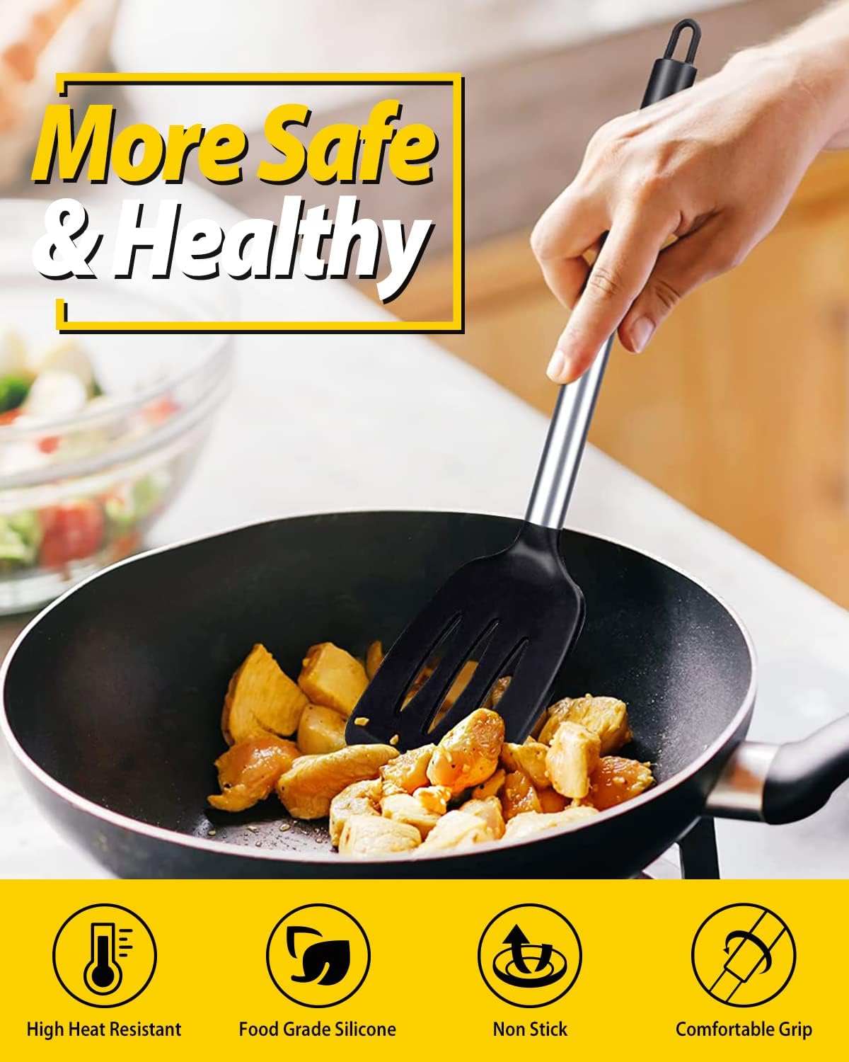 Pack of 2 Silicone Solid Turner, Non Stick Slotted Kitchen Spatulas, High Heat Resistant BPA Free Cooking Utensils, Ideal Cookware for Fish, Eggs, Pancakes(Stainless Steel Khaki)