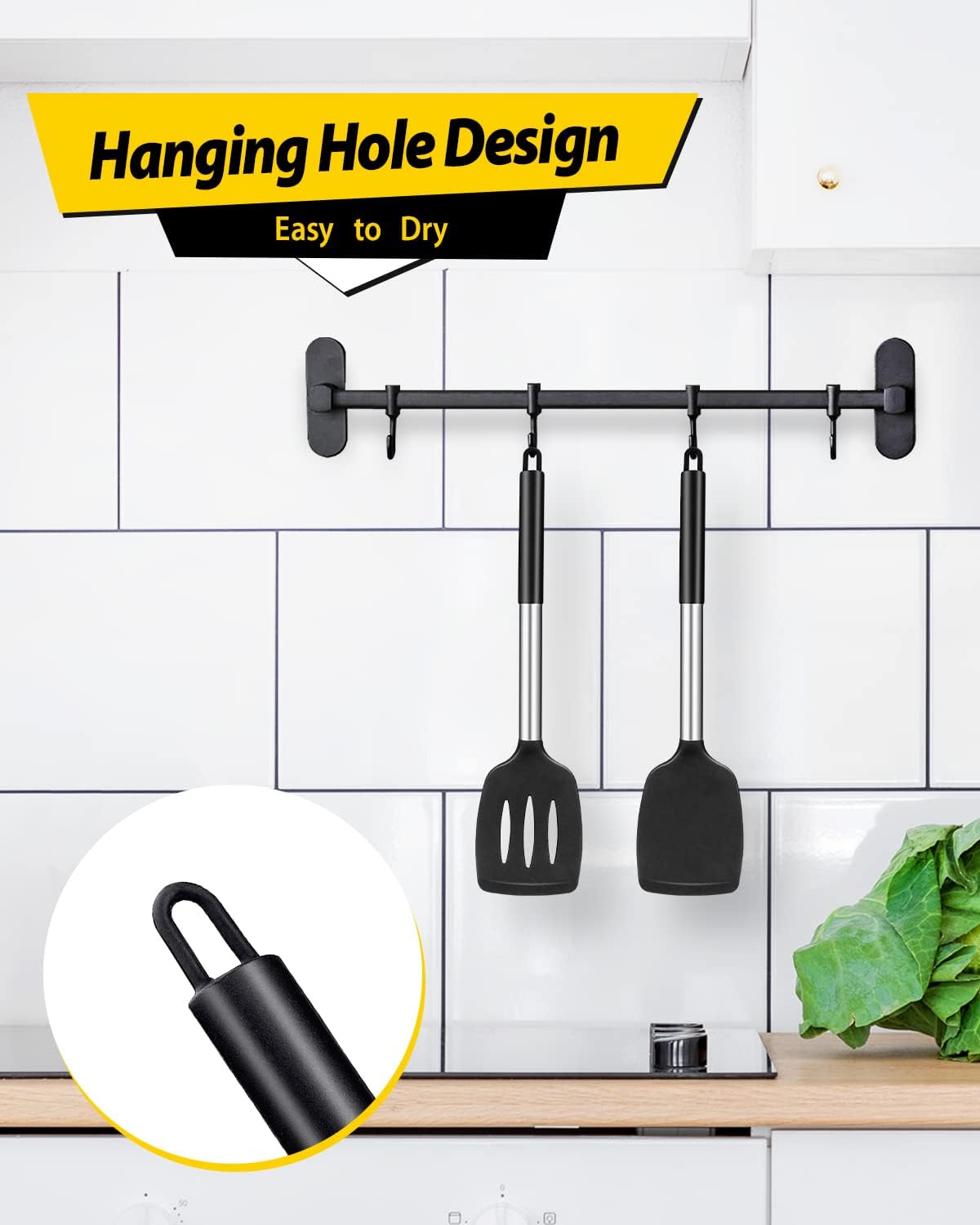 Pack of 2 Silicone Solid Turner, Non Stick Slotted Kitchen Spatulas, High Heat Resistant BPA Free Cooking Utensils, Ideal Cookware for Fish, Eggs, Pancakes(Stainless Steel Khaki)
