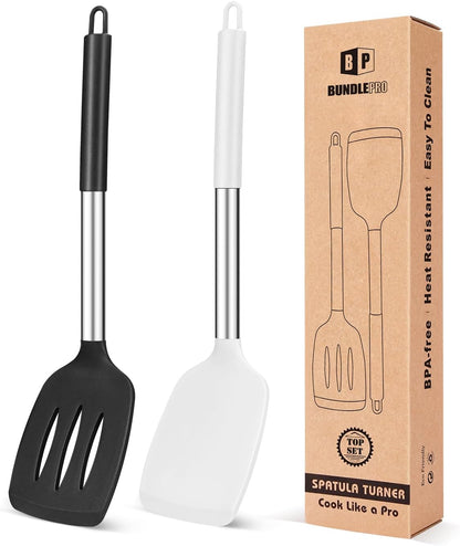 Pack of 2 Silicone Solid Turner, Non Stick Slotted Kitchen Spatulas, High Heat Resistant BPA Free Cooking Utensils, Ideal Cookware for Fish, Eggs, Pancakes(Stainless Steel Khaki)