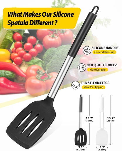 Pack of 2 Silicone Solid Turner, Non Stick Slotted Kitchen Spatulas, High Heat Resistant BPA Free Cooking Utensils, Ideal Cookware for Fish, Eggs, Pancakes(Stainless Steel Khaki)