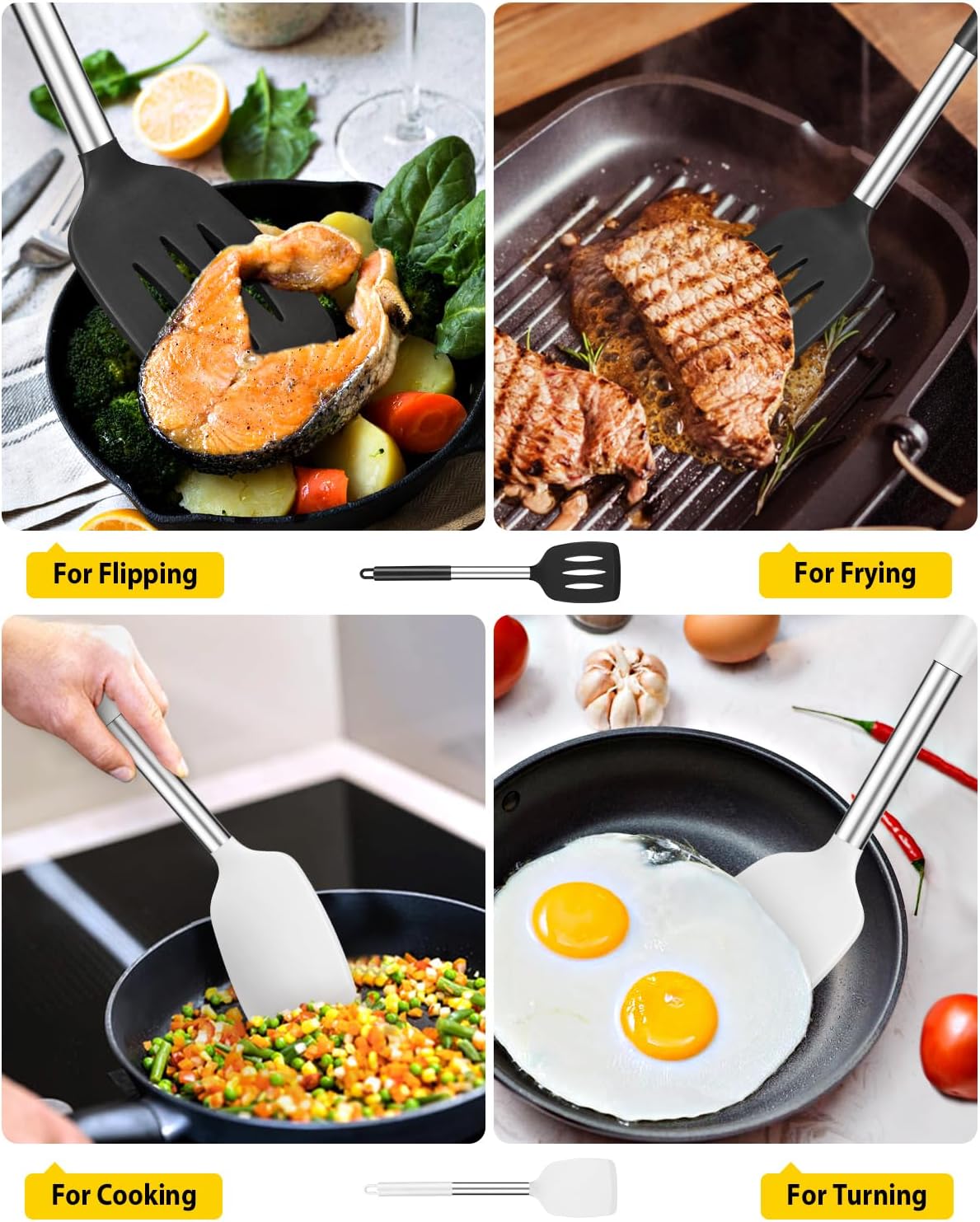 Pack of 2 Silicone Solid Turner, Non Stick Slotted Kitchen Spatulas, High Heat Resistant BPA Free Cooking Utensils, Ideal Cookware for Fish, Eggs, Pancakes(Stainless Steel Khaki)