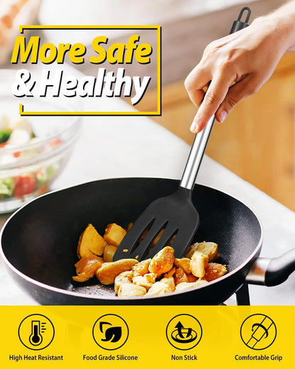 Pack of 2 Silicone Solid Turner, Non Stick Slotted Kitchen Spatulas, High Heat Resistant BPA Free Cooking Utensils, Ideal Cookware for Fish, Eggs, Pancakes(Stainless Steel Khaki)