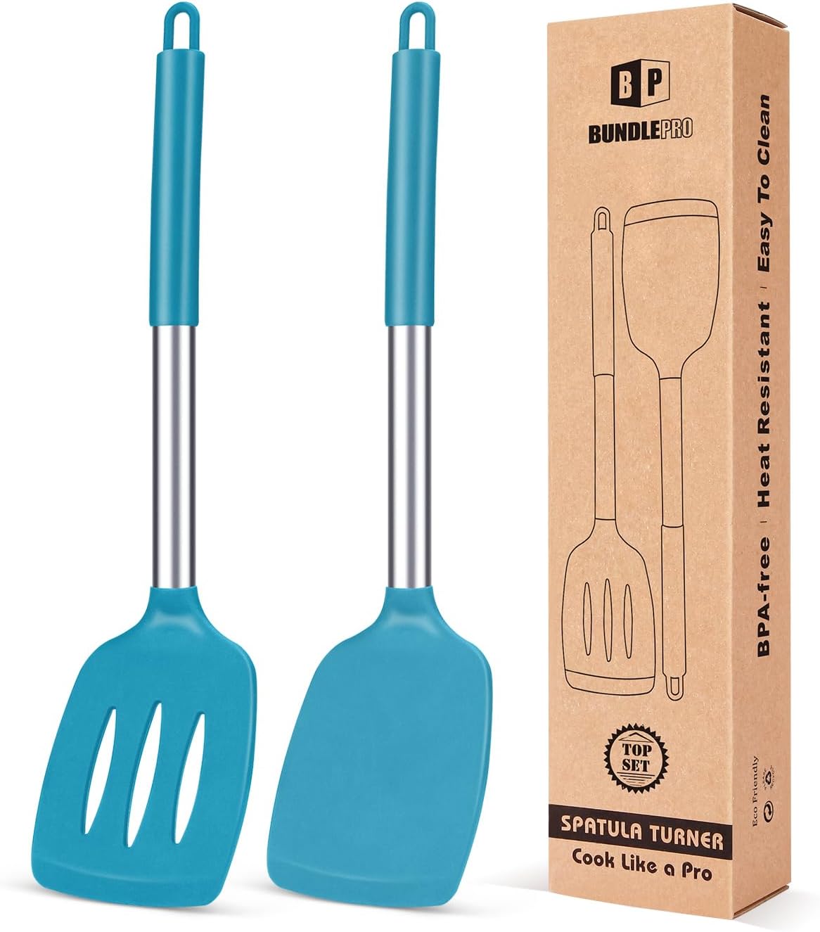 Pack of 2 Silicone Solid Turner, Non Stick Slotted Kitchen Spatulas, High Heat Resistant BPA Free Cooking Utensils, Ideal Cookware for Fish, Eggs, Pancakes(Stainless Steel Khaki)