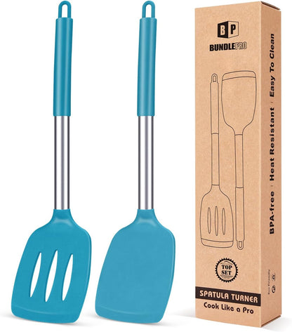 Pack of 2 Silicone Solid Turner, Non Stick Slotted Kitchen Spatulas, High Heat Resistant BPA Free Cooking Utensils, Ideal Cookware for Fish, Eggs, Pancakes(Stainless Steel Khaki)