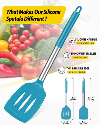 Pack of 2 Silicone Solid Turner, Non Stick Slotted Kitchen Spatulas, High Heat Resistant BPA Free Cooking Utensils, Ideal Cookware for Fish, Eggs, Pancakes(Stainless Steel Khaki)