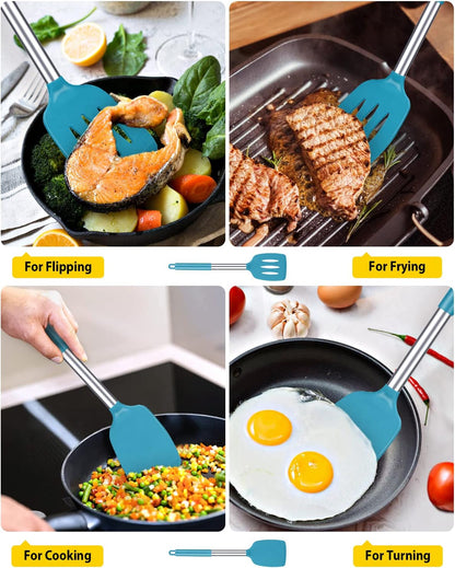 Pack of 2 Silicone Solid Turner, Non Stick Slotted Kitchen Spatulas, High Heat Resistant BPA Free Cooking Utensils, Ideal Cookware for Fish, Eggs, Pancakes(Stainless Steel Khaki)