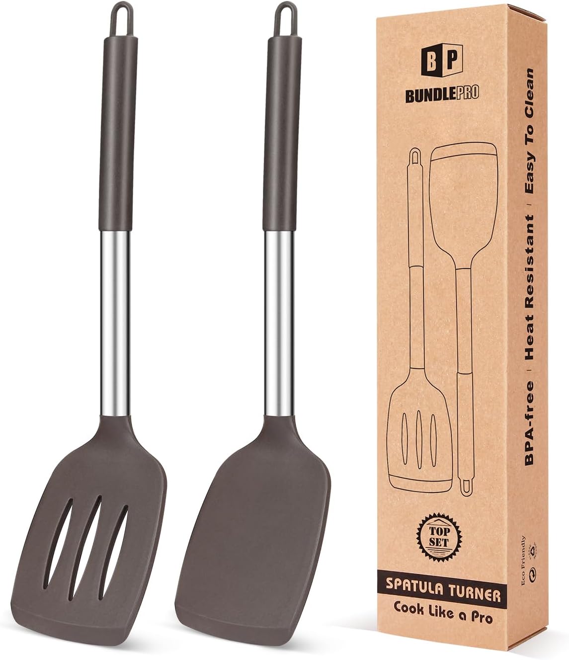 Pack of 2 Silicone Solid Turner, Non Stick Slotted Kitchen Spatulas, High Heat Resistant BPA Free Cooking Utensils, Ideal Cookware for Fish, Eggs, Pancakes(Stainless Steel Khaki)