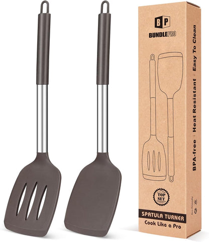 Pack of 2 Silicone Solid Turner, Non Stick Slotted Kitchen Spatulas, High Heat Resistant BPA Free Cooking Utensils, Ideal Cookware for Fish, Eggs, Pancakes(Stainless Steel Khaki)