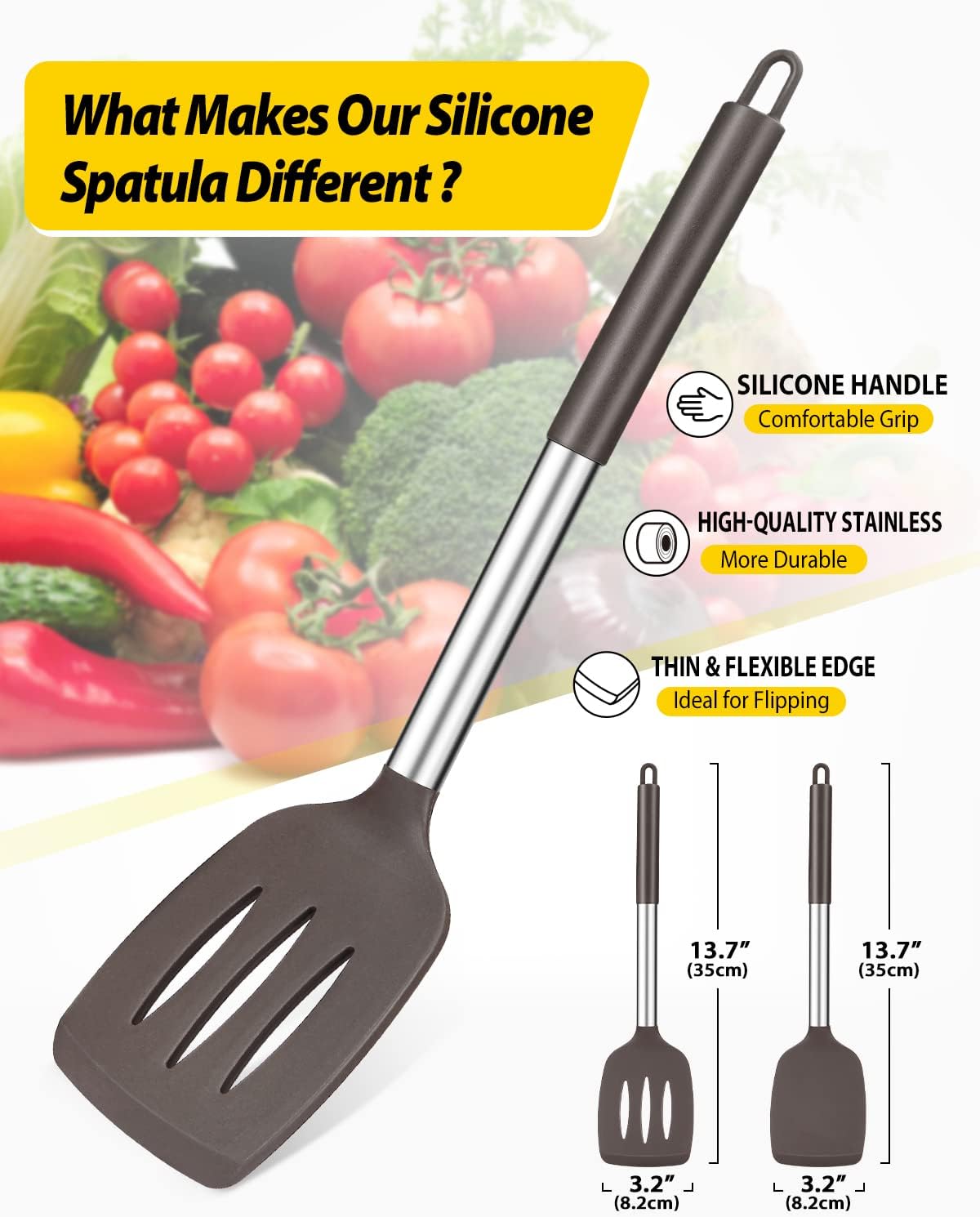 Pack of 2 Silicone Solid Turner, Non Stick Slotted Kitchen Spatulas, High Heat Resistant BPA Free Cooking Utensils, Ideal Cookware for Fish, Eggs, Pancakes(Stainless Steel Khaki)