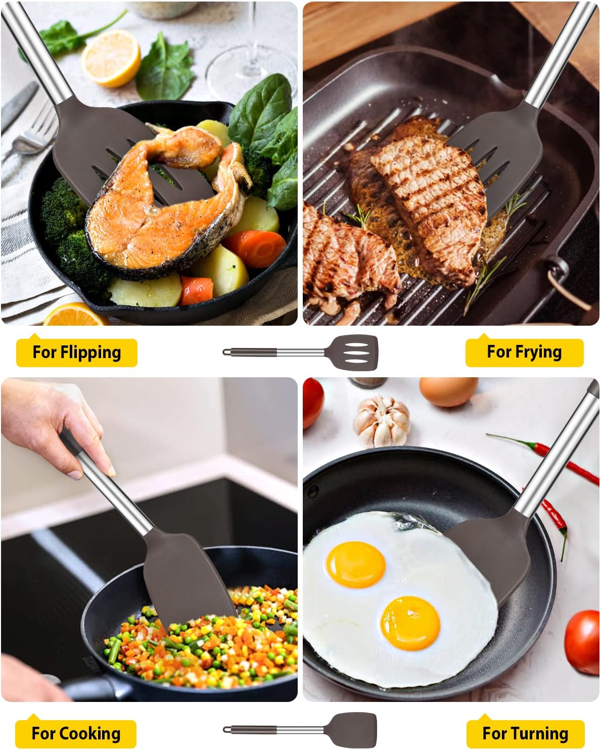 Pack of 2 Silicone Solid Turner, Non Stick Slotted Kitchen Spatulas, High Heat Resistant BPA Free Cooking Utensils, Ideal Cookware for Fish, Eggs, Pancakes(Stainless Steel Khaki)
