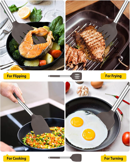 Pack of 2 Silicone Solid Turner, Non Stick Slotted Kitchen Spatulas, High Heat Resistant BPA Free Cooking Utensils, Ideal Cookware for Fish, Eggs, Pancakes(Stainless Steel Khaki)